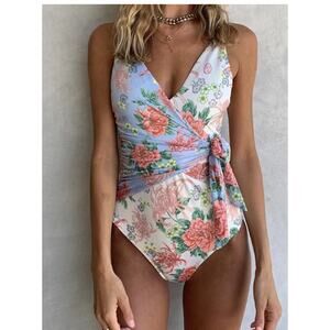 We Are HAH Wrap It Up One Piece Wrap Style Swimsuit French Blue Floral Sz Sm